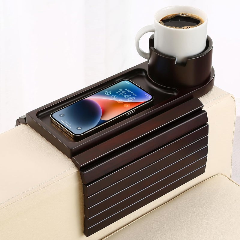 BAMTRAY Couch Cup Holder Tray, 15.75" Bamboo Cup Holder for Couch, 3 in 1 Foldable Arm Chair Clip on Side Tray Table for Remote Snack Table on Armrest - Image 1